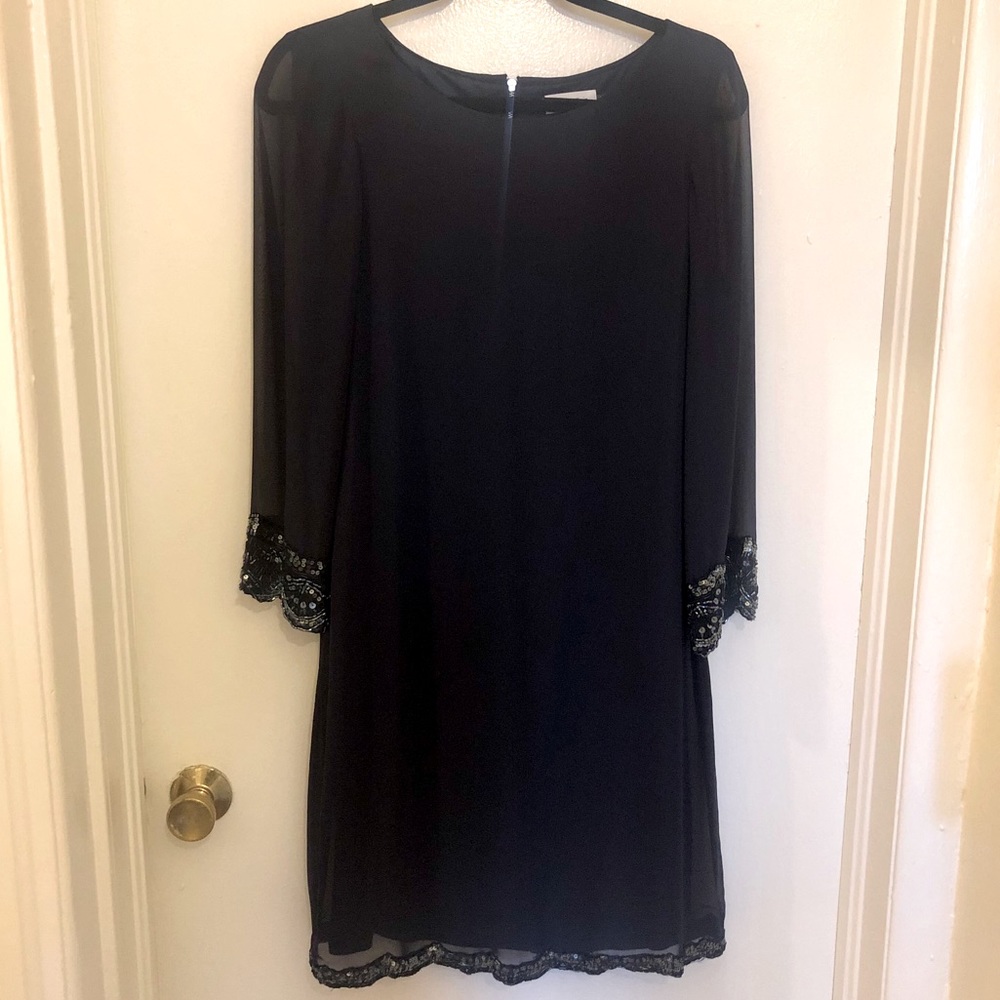 Calvin Klein Sheer Beaded Cocktail Dress (Navy)